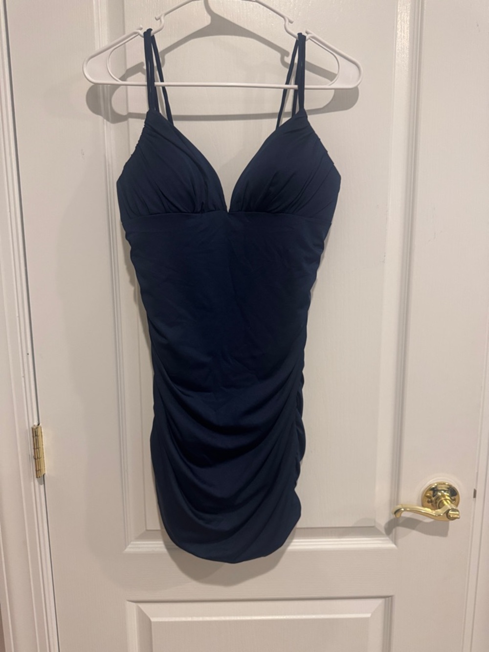 Navy Ruched Bodycon Mini Dress with Double Spaghetti Straps